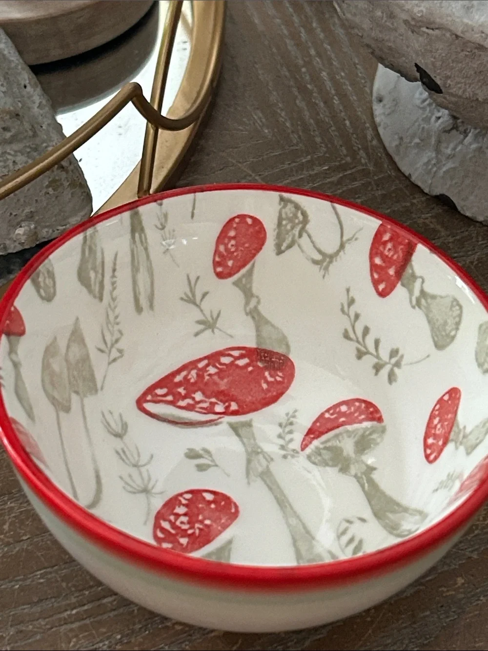NEW! Vintage Inspired Botanical Garden Wild Red Mushroom Ceramic Bowl